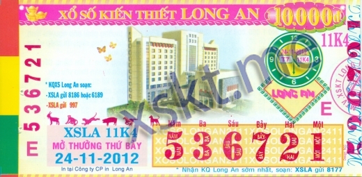Mẫu vé sô xổ số Long An ngày 24/11/2012