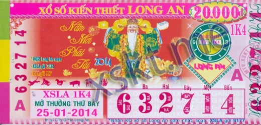 Mẫu vé sô xổ số Long An ngày 25/1/2014