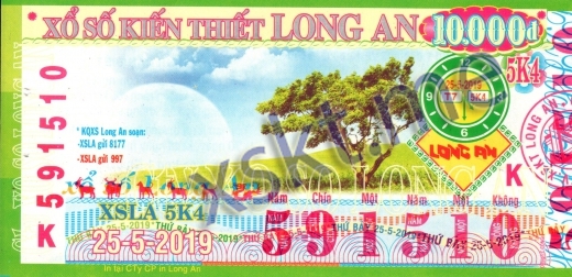 Mẫu vé sô xổ số Long An ngày 25/5/2019