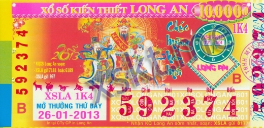 Mẫu vé sô xổ số Long An ngày 26/1/2013