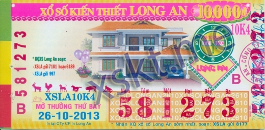 Mẫu vé sô xổ số Long An ngày 26/10/2013