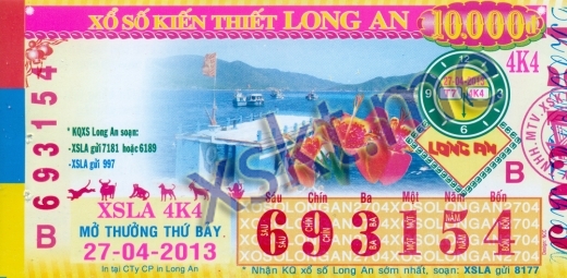 Mẫu vé sô xổ số Long An ngày 27/4/2013
