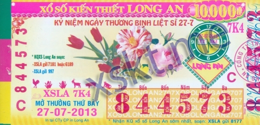 Mẫu vé sô xổ số Long An ngày 27/7/2013