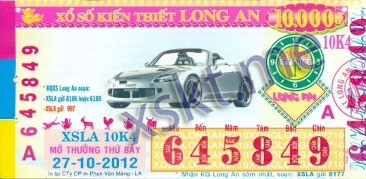 Mẫu vé sô xổ số Long An ngày 27/10/2012
