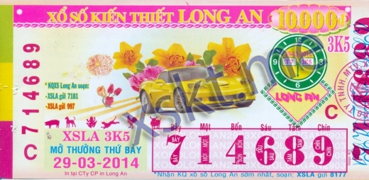 Mẫu vé sô xổ số Long An ngày 29/3/2014