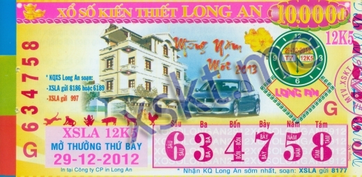 Mẫu vé sô xổ số Long An ngày 29/12/2012