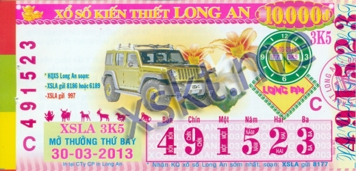 Mẫu vé sô xổ số Long An ngày 30/3/2013