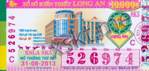 Mẫu vé sô xổ số Long An ngày 31/8/2013