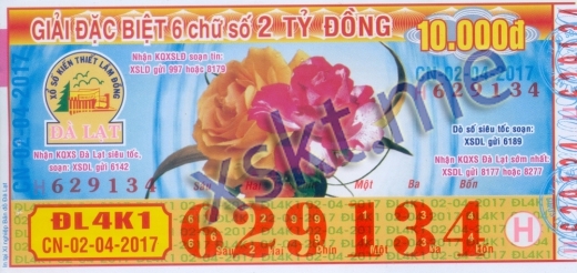 Mẫu vé sô xổ số Đà Lạt ngày 2/4/2017