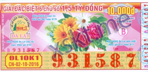 Mẫu vé sô xổ số Đà Lạt ngày 2/10/2016
