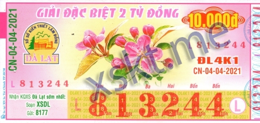 Mẫu vé sô xổ số Đà Lạt ngày 4/4/2021
