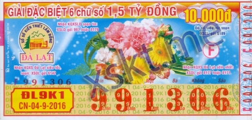 Mẫu vé sô xổ số Đà Lạt ngày 4/9/2016