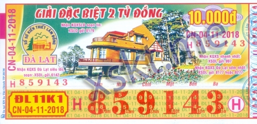 Mẫu vé sô xổ số Đà Lạt ngày 4/11/2018