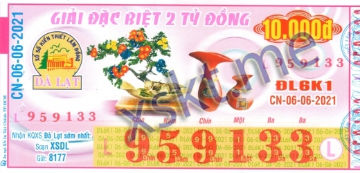 Mẫu vé sô xổ số Đà Lạt ngày 6/6/2021