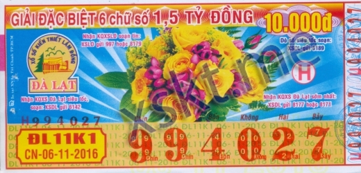 Mẫu vé sô xổ số Đà Lạt ngày 6/11/2016