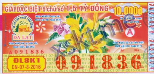 Mẫu vé sô xổ số Đà Lạt ngày 7/8/2016