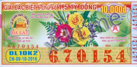 Mẫu vé sô xổ số Đà Lạt ngày 9/10/2016