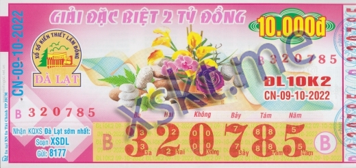 Mẫu vé sô xổ số Đà Lạt ngày 9/10/2022