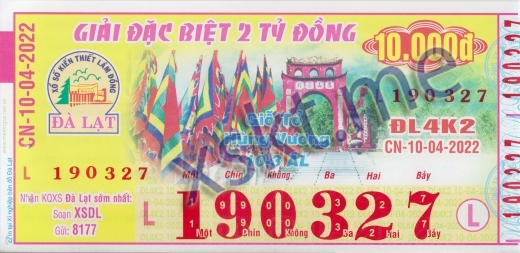 Mẫu vé sô xổ số Đà Lạt ngày 10/4/2022