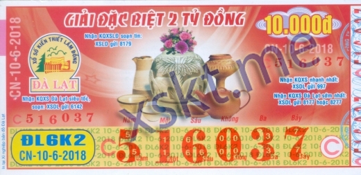 Mẫu vé sô xổ số Đà Lạt ngày 10/6/2018