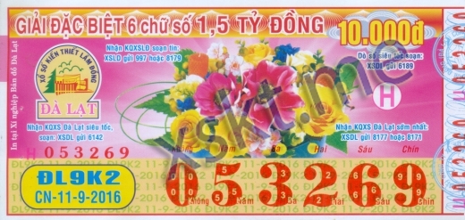 Mẫu vé sô xổ số Đà Lạt ngày 11/9/2016