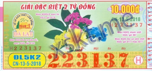 Mẫu vé sô xổ số Đà Lạt ngày 13/5/2018