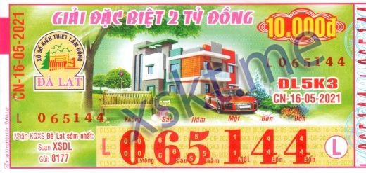 Mẫu vé sô xổ số Đà Lạt ngày 16/5/2021