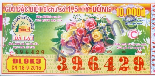 Mẫu vé sô xổ số Đà Lạt ngày 18/9/2016