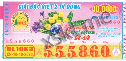 Mẫu vé sô xổ số Đà Lạt ngày 18/10/2020