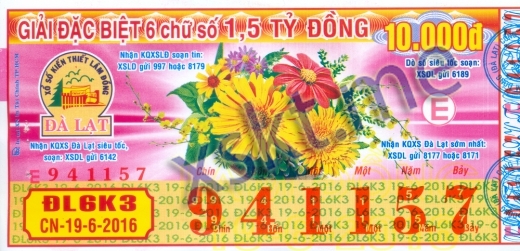 Mẫu vé sô xổ số Đà Lạt ngày 19/6/2016