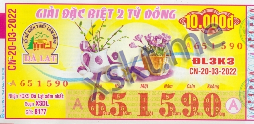 Mẫu vé sô xổ số Đà Lạt ngày 20/3/2022