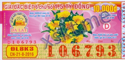 Mẫu vé sô xổ số Đà Lạt ngày 21/8/2016