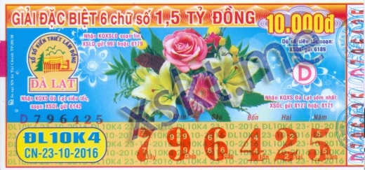 Mẫu vé sô xổ số Đà Lạt ngày 23/10/2016