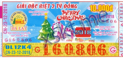 Mẫu vé sô xổ số Đà Lạt ngày 23/12/2018