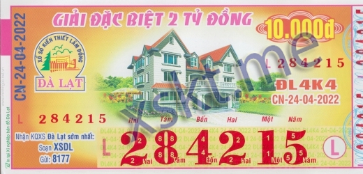 Mẫu vé sô xổ số Đà Lạt ngày 24/4/2022