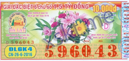 Mẫu vé sô xổ số Đà Lạt ngày 26/6/2016