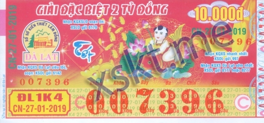 Mẫu vé sô xổ số Đà Lạt ngày 27/1/2019