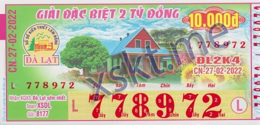 Mẫu vé sô xổ số Đà Lạt ngày 27/2/2022