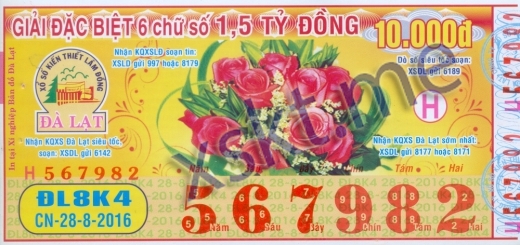 Mẫu vé sô xổ số Đà Lạt ngày 28/8/2016