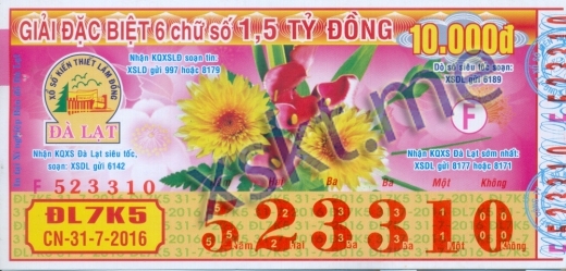 Mẫu vé sô xổ số Đà Lạt ngày 31/7/2016