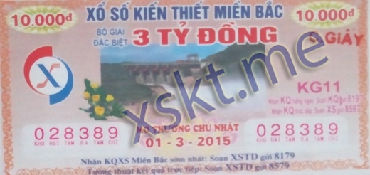 Mẫu vé sô xổ số Miền Bắc ngày 1/3/2015