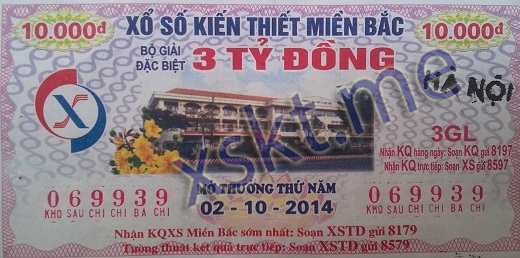 Mẫu vé sô xổ số Miền Bắc ngày 2/10/2014