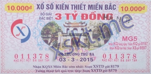 Mẫu vé sô xổ số Miền Bắc ngày 3/3/2015