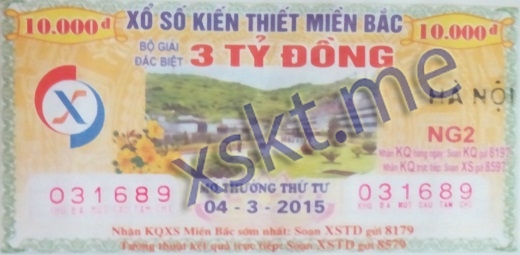 Mẫu vé sô xổ số Miền Bắc ngày 4/3/2015