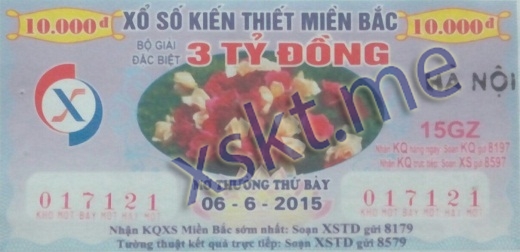 Mẫu vé sô xổ số Miền Bắc ngày 6/6/2015