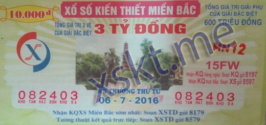 Mẫu vé sô xổ số Miền Bắc ngày 6/7/2016