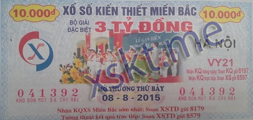 Mẫu vé sô xổ số Miền Bắc ngày 8/8/2015