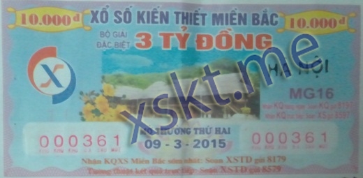 Mẫu vé sô xổ số Miền Bắc ngày 9/3/2015