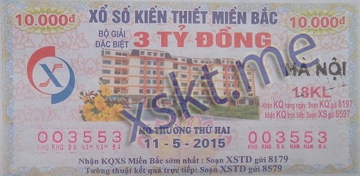 Mẫu vé sô xổ số Miền Bắc ngày 11/5/2015