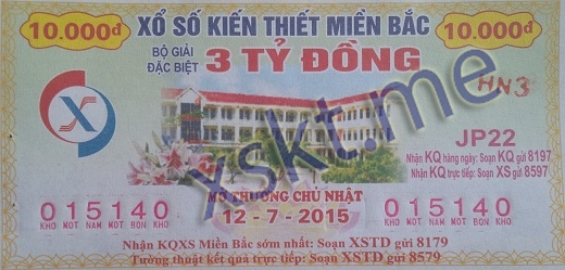 Mẫu vé sô xổ số Miền Bắc ngày 12/7/2015